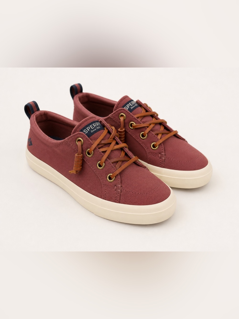 Sperry Women’s Burgundy Canvas Sneakers with Tan Laces